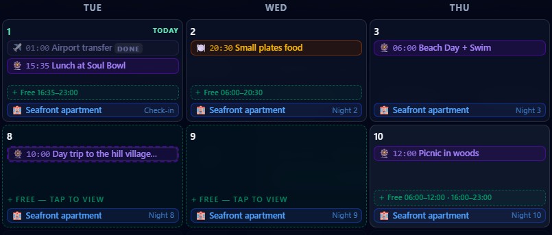Shared trip calendar showing confirmed events, accommodation nights and free time blocks