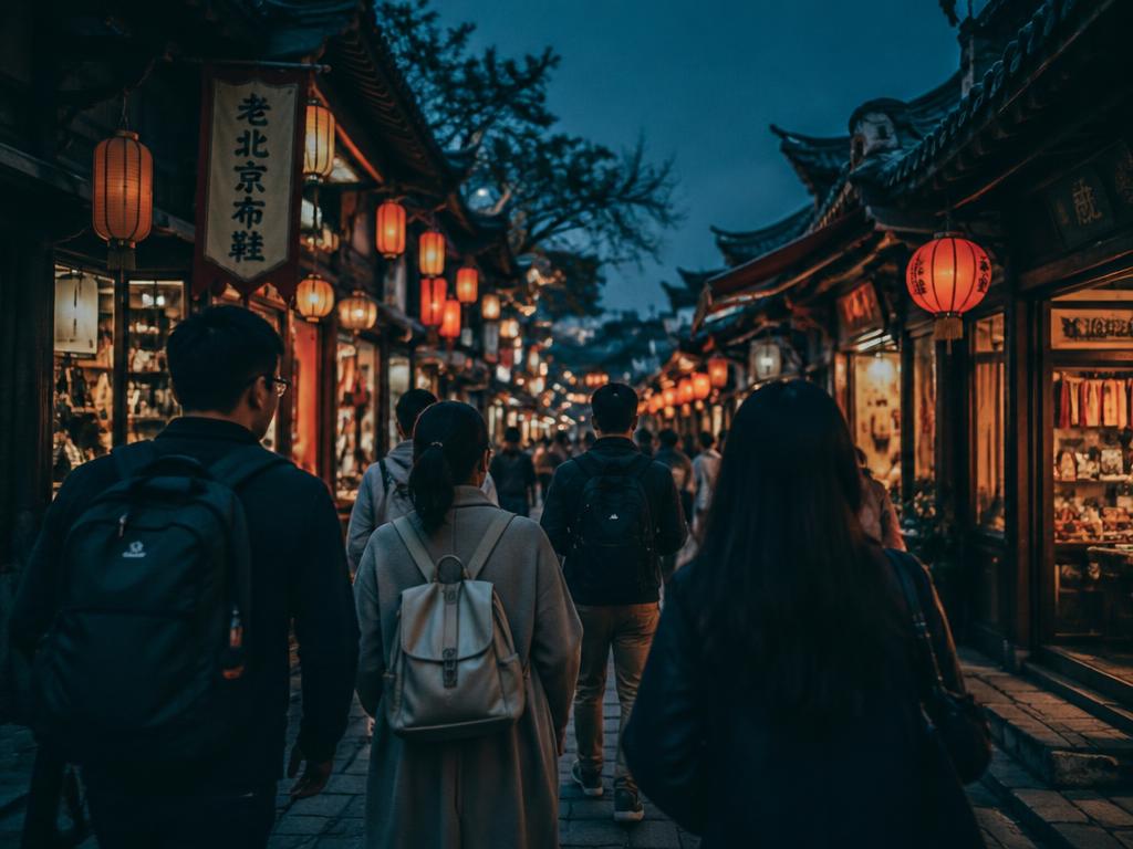 Friends walking through an evening market